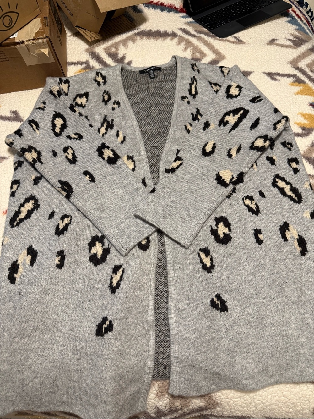 Ellen Tracy Light Gray Leopard Print Open Cardigan Sweater